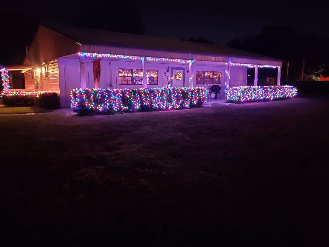 Building at night glowing with colorful Christmas lights wrapped around hedges and roofline.