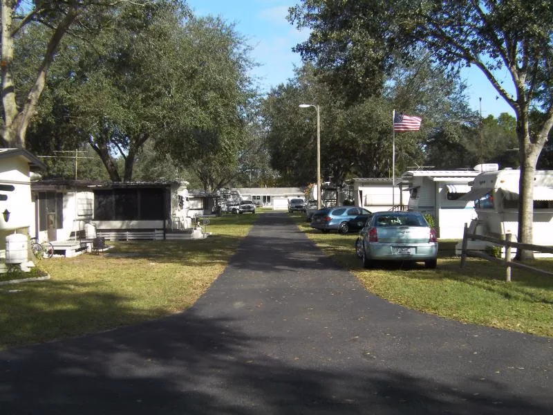 Paved road through RV park lined with parked RVs, cars, shade trees, and American flag
